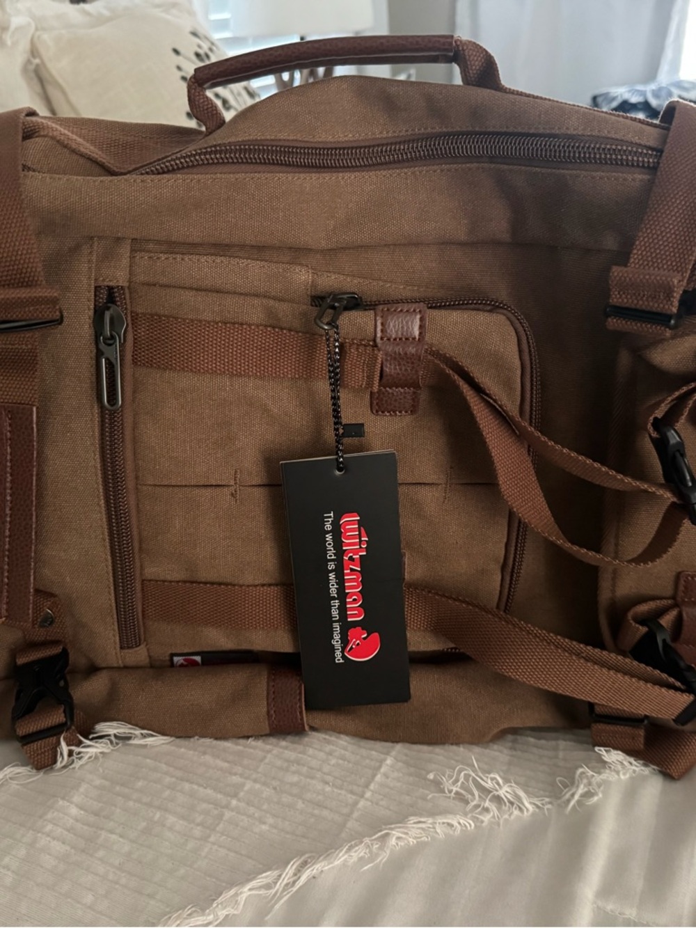 Mens Brown Canvas Messenger Bag with Front Organizer -